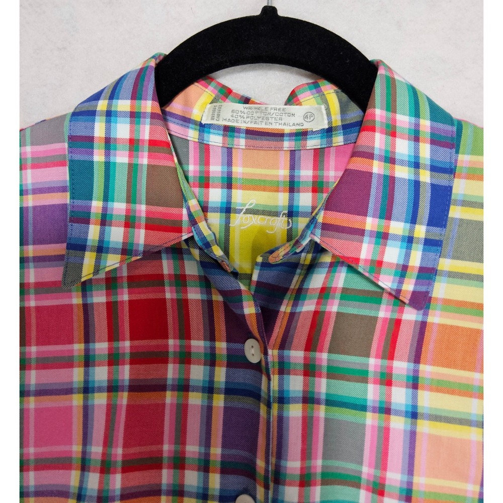 Foxcroft Womens Blouse 4P XS Button Up Shirt Plaid Wrinkle Free Yellow Pink Blue - Picture 4 of 8